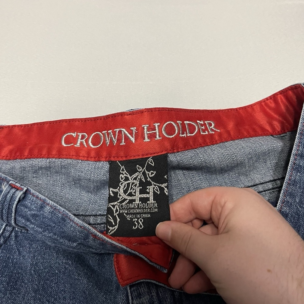 Crown Holder Jeans Mens 38x32 Blue Embroidered Denim Baggy Hip Hop Y2K - Picture 4 of 8